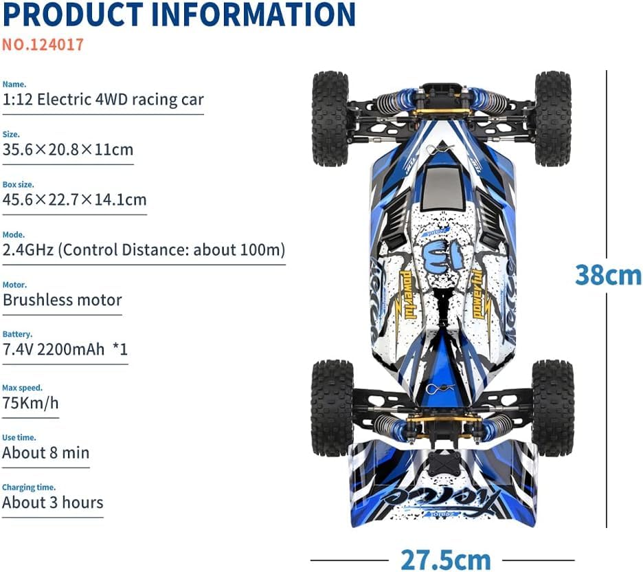 WLtoys 124016(V2) RC Car,Upgraded 3000mah Battery * 3, 75km/h Brushless Remote Control Car, 1:12 Scale Fast RC Cars & 2 Batteries, 4WD All Terrain Off Road RC Truck (WLtoys124017)