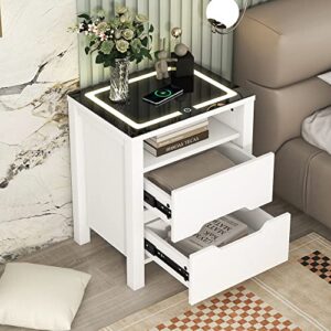 modern nightstands with wireless charging and adjustable led, wooden end side table with 2 storage drawers and open shelf, bedside table for bedroom living room office, white