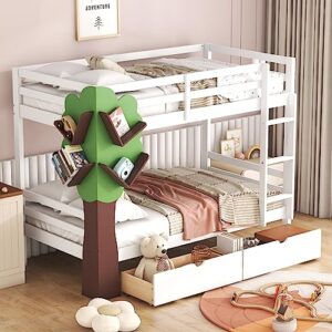altillo twin over twin bunk bed with a tree decor and two storage drawers, wooden twin bunk beds for teens/adults, low bed frame bedroom furniture with safety guard rails, no box spring required