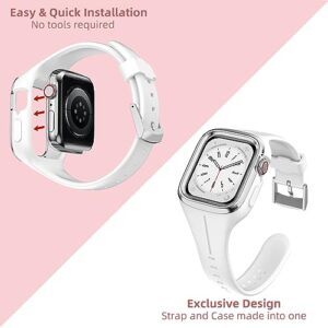 OUHENG Compatible with Apple Watch Band 41mm 40mm 38mm with Bumper Case, Women Sport Strap with Rugged Metal Edge Bumper and Silicone Cover for iWatch Series 8 7 6 SE 5 4 3 2 1, White/Silver