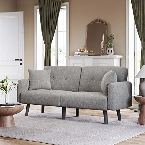 Koorlian Futon Sofa Bed, Convertible Sleeper Sofa with Armrest, Modern Fabric Small Couch, 2/3 Seater Folding Loveseat Couches Bed for Living Room, Dorm, Office, Adjustable Splitback, 2 Pillows, Grey