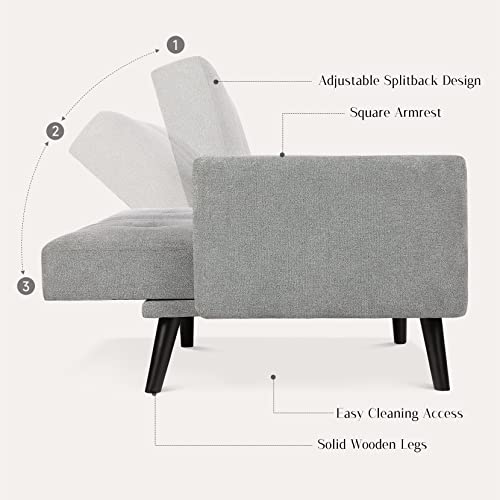 Koorlian Futon Sofa Bed, Convertible Sleeper Sofa with Armrest, Modern Fabric Small Couch, 2/3 Seater Folding Loveseat Couches Bed for Living Room, Dorm, Office, Adjustable Splitback, 2 Pillows, Grey