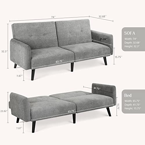 Koorlian Futon Sofa Bed, Convertible Sleeper Sofa with Armrest, Modern Fabric Small Couch, 2/3 Seater Folding Loveseat Couches Bed for Living Room, Dorm, Office, Adjustable Splitback, 2 Pillows, Grey