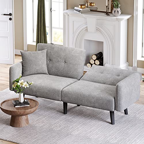 Koorlian Futon Sofa Bed, Convertible Sleeper Sofa with Armrest, Modern Fabric Small Couch, 2/3 Seater Folding Loveseat Couches Bed for Living Room, Dorm, Office, Adjustable Splitback, 2 Pillows, Grey