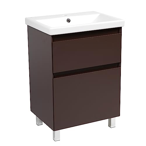 Sample of Cabinet Finish | Modern Free Standing Bathroom Vanity with Washbasin | Elit Brown Matte Collection | Non-Toxic Fire-Resistant MDF-Omega Collection R-line 40"