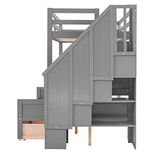 DEYOBED Twin Over Full Wooden Bunk Bed with Storage Shelves Drawers and Staircase for Kids Teens Adults