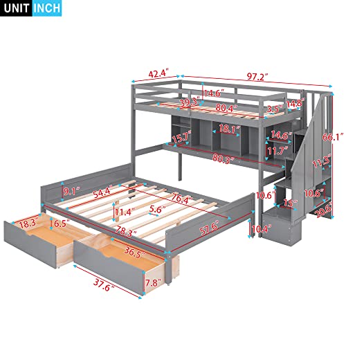 DEYOBED Twin Over Full Wooden Bunk Bed with Storage Shelves Drawers and Staircase for Kids Teens Adults