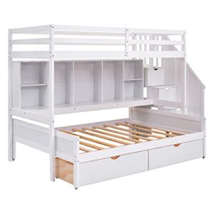 DEYOBED Twin Over Full Wooden Bunk Bed with Storage Shelves Drawers and Staircase for Kids Teens Adults