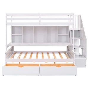 DEYOBED Twin Over Full Wooden Bunk Bed with Storage Shelves Drawers and Staircase for Kids Teens Adults