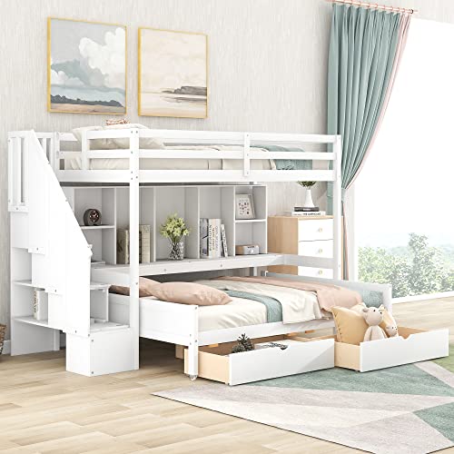 DEYOBED Twin Over Full Wooden Bunk Bed with Storage Shelves Drawers and Staircase for Kids Teens Adults