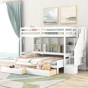 DEYOBED Twin Over Full Wooden Bunk Bed with Storage Shelves Drawers and Staircase for Kids Teens Adults