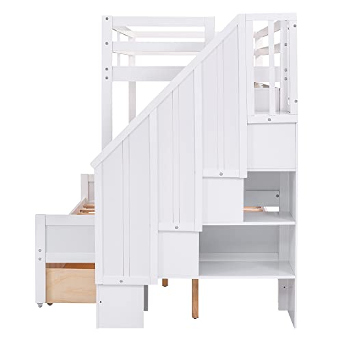 DEYOBED Twin Over Full Wooden Bunk Bed with Storage Shelves Drawers and Staircase for Kids Teens Adults