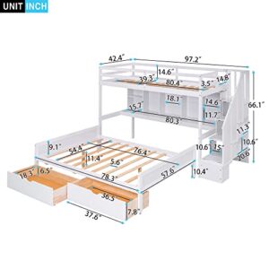 DEYOBED Twin Over Full Wooden Bunk Bed with Storage Shelves Drawers and Staircase for Kids Teens Adults