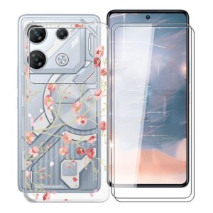 kjyfoani for infinix gt 10 pro case with 2 x tempered glass screen protector, transparent shockproof solf silicone protection case for infinix gt 10 pro, case for women men, (6.67") - flower
