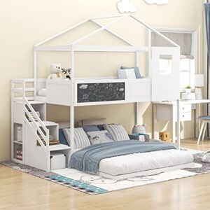 deyobed twin over full house shaped wooden bunk bed with storage staircase, shelves and blackboard for kids teens