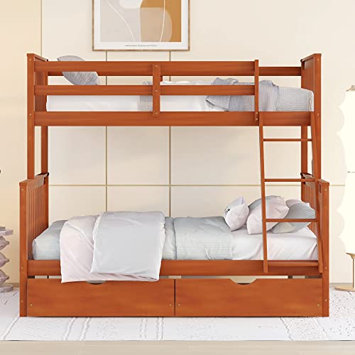 DEYOBED Twin Over Full Wooden Bunk Bed with 2 Storage Drawers for Kids Teens Adults