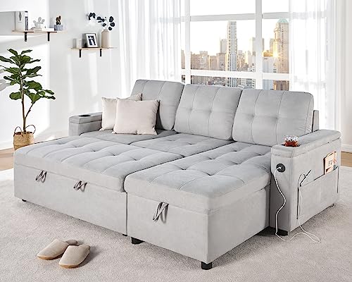 VanAcc Sofa Bed, Modern Tufted Convertible Sleeper Sofa, USB Charging Ports & Cup Holders, Pull Out Couch Bed with Storage Chaise, Chenille Couches for Living Room (Light Grey)