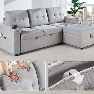 VanAcc Sofa Bed, Modern Tufted Convertible Sleeper Sofa, USB Charging Ports & Cup Holders, Pull Out Couch Bed with Storage Chaise, Chenille Couches for Living Room (Light Grey)