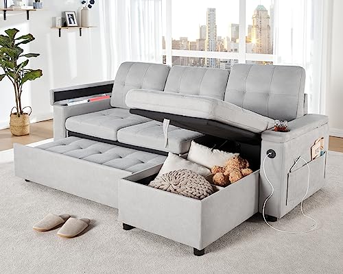 VanAcc Sofa Bed, Modern Tufted Convertible Sleeper Sofa, USB Charging Ports & Cup Holders, Pull Out Couch Bed with Storage Chaise, Chenille Couches for Living Room (Light Grey)