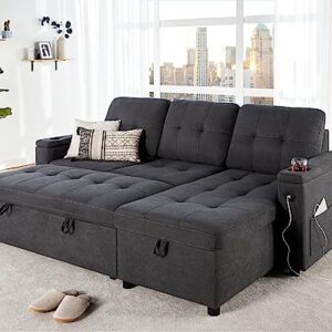 VanAcc Sofa Bed, Modern Tufted Convertible Sleeper Sofa, USB Charging Ports & Cup Holders, Pull Out Couch Bed with Storage Chaise, Chenille Couches for Living Room (Dark Grey)