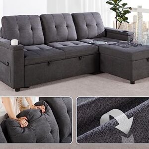 VanAcc Sofa Bed, Modern Tufted Convertible Sleeper Sofa, USB Charging Ports & Cup Holders, Pull Out Couch Bed with Storage Chaise, Chenille Couches for Living Room (Dark Grey)