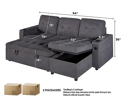 VanAcc Sofa Bed, Modern Tufted Convertible Sleeper Sofa, USB Charging Ports & Cup Holders, Pull Out Couch Bed with Storage Chaise, Chenille Couches for Living Room (Dark Grey)