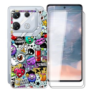 kjyfoani for infinix gt 10 pro case with 2 x tempered glass screen protector, transparent shockproof solf silicone protection case for infinix gt 10 pro, case for women men, (6.67") - graffiti