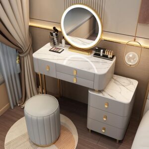 winfree makeup vanity table with 5 solid wood drawers and vanity chair, 3 color light adjustable brightness, including led makeup mirror,for family bedroom, for her (31.5“)