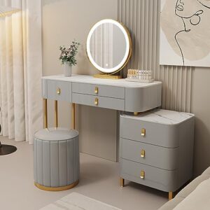 Winfree Makeup Vanity Table with 5 Solid Wood Drawers and Vanity Chair, 3 Color Light Adjustable Brightness, Including LED Makeup Mirror,for Family Bedroom, for Her (31.5“)