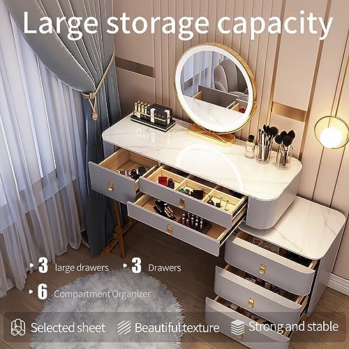 Winfree Makeup Vanity Table with 5 Solid Wood Drawers and Vanity Chair, 3 Color Light Adjustable Brightness, Including LED Makeup Mirror,for Family Bedroom, for Her (31.5“)