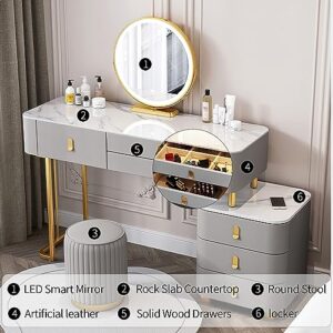 Winfree Makeup Vanity Table with 5 Solid Wood Drawers and Vanity Chair, 3 Color Light Adjustable Brightness, Including LED Makeup Mirror,for Family Bedroom, for Her (31.5“)