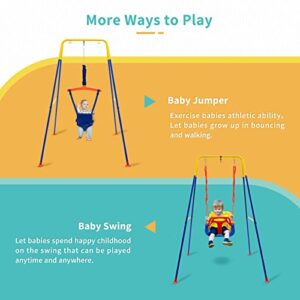 4-in-1 Toddler Swing Set and Baby Jumper, Toddler Swing with Foldable Metal Stand and Safety Belt, Baby Swings & Baby Bouncers Outdoor Indoor for Infants to Toddler, Indoor Swing for Kids 6 Month+