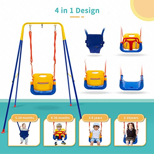 4-in-1 Toddler Swing Set and Baby Jumper, Toddler Swing with Foldable Metal Stand and Safety Belt, Baby Swings & Baby Bouncers Outdoor Indoor for Infants to Toddler, Indoor Swing for Kids 6 Month+