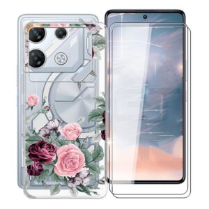 kjyfoani for infinix gt 10 pro case with 2 x tempered glass screen protector, transparent shockproof solf silicone protection case for infinix gt 10 pro, case for women men, (6.67") - rose flower