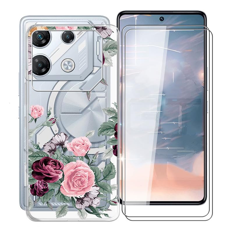 KJYFOANI for Infinix GT 10 Pro Case with 2 x Tempered Glass Screen Protector, Transparent Shockproof Solf Silicone Protection Case for Infinix GT 10 Pro, Case for Women Men, (6.67") - Rose Flower