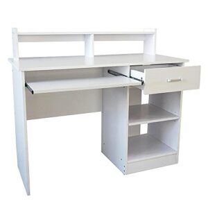 chzwyt white desk with drawer, wooden computer desk with pull-out keyboard tray & adjustable storage shelves, modern laptop pc desk with cpu stand, writing study desk for bedroom (white)