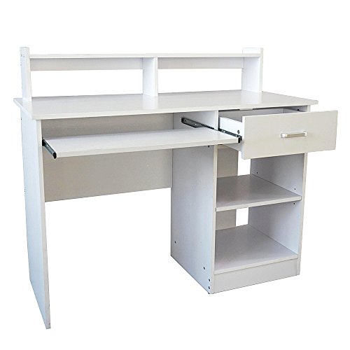 CHZWYT White Desk with Drawer, Wooden Computer Desk with Pull-Out Keyboard Tray & Adjustable Storage Shelves, Modern Laptop PC Desk with CPU Stand, Writing Study Desk for Bedroom (White)