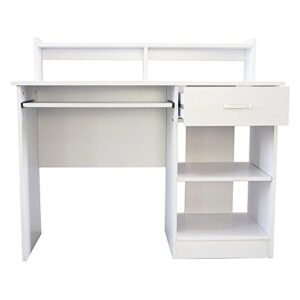 CHZWYT White Desk with Drawer, Wooden Computer Desk with Pull-Out Keyboard Tray & Adjustable Storage Shelves, Modern Laptop PC Desk with CPU Stand, Writing Study Desk for Bedroom (White)