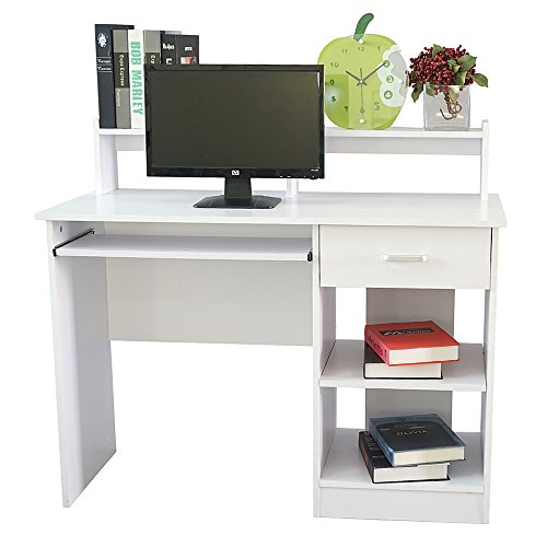 CHZWYT White Desk with Drawer, Wooden Computer Desk with Pull-Out Keyboard Tray & Adjustable Storage Shelves, Modern Laptop PC Desk with CPU Stand, Writing Study Desk for Bedroom (White)