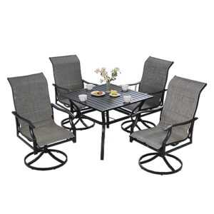 vevor 5 pieces patio dining set, outdoor furniture table and swivel chairs set, all weather garden furniture table sets, iron patio conversation set with umbrella hole, for lawn, deck, backyard, black