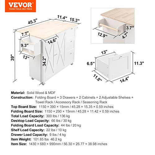 VEVOR Kitchen Island Cart with Solid Wood Top, 45.3" Width Mobile Carts with Storage Cabinet, Rolling Kitchen Table with Spice Rack, Towel Rack, Drop Leaf and Drawer, Portable Islands on Wheels, White