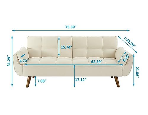 Eafurn 75" Foldable Convertible Sleeper Sofa Bed Versatile Futon Couches with Arm Pillows and Sturdy Wooden Legs, 3 Seater Tufted Linen Comfy Sofa & Couches for Living Room, Bedroom, Small Space