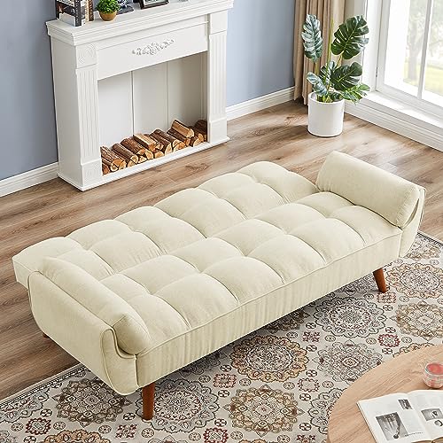 Eafurn 75" Foldable Convertible Sleeper Sofa Bed Versatile Futon Couches with Arm Pillows and Sturdy Wooden Legs, 3 Seater Tufted Linen Comfy Sofa & Couches for Living Room, Bedroom, Small Space