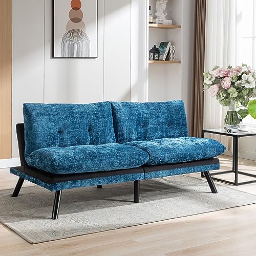 Futon Sofa Bed, Convertible Sleeper Sofa with Adjustable Backrest, Loveseat Futon Bed with Black Metal Legs, Breathable Lounge Couch for Apartment, Studio, Office, Small Space (Blue)