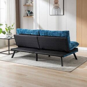 Futon Sofa Bed, Convertible Sleeper Sofa with Adjustable Backrest, Loveseat Futon Bed with Black Metal Legs, Breathable Lounge Couch for Apartment, Studio, Office, Small Space (Blue)