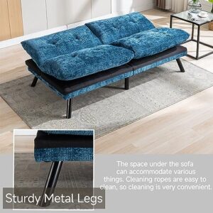 Futon Sofa Bed, Convertible Sleeper Sofa with Adjustable Backrest, Loveseat Futon Bed with Black Metal Legs, Breathable Lounge Couch for Apartment, Studio, Office, Small Space (Blue)