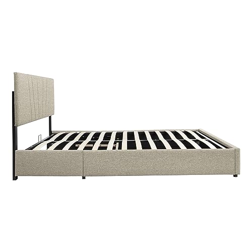 Queen Size Upholstered Linen Platform Bed with Hydraulic Storage System,Gas Lift Up Storage Platform Bed Frame with Headboard and Wooden Slat Supports for Bedroom Furniture (Queen, Beige-02)