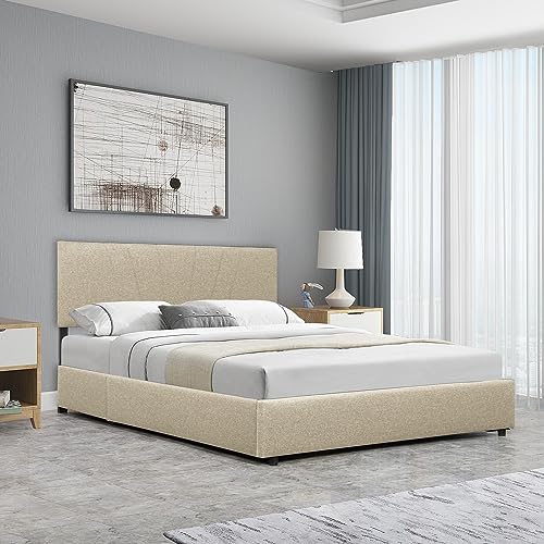 Queen Size Upholstered Linen Platform Bed with Hydraulic Storage System,Gas Lift Up Storage Platform Bed Frame with Headboard and Wooden Slat Supports for Bedroom Furniture (Queen, Beige-02)