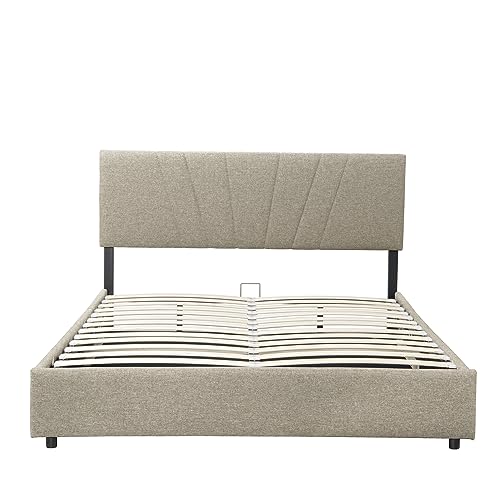 Queen Size Upholstered Linen Platform Bed with Hydraulic Storage System,Gas Lift Up Storage Platform Bed Frame with Headboard and Wooden Slat Supports for Bedroom Furniture (Queen, Beige-02)