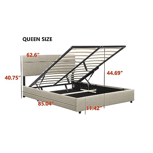 Queen Size Upholstered Linen Platform Bed with Hydraulic Storage System,Gas Lift Up Storage Platform Bed Frame with Headboard and Wooden Slat Supports for Bedroom Furniture (Queen, Beige-02)